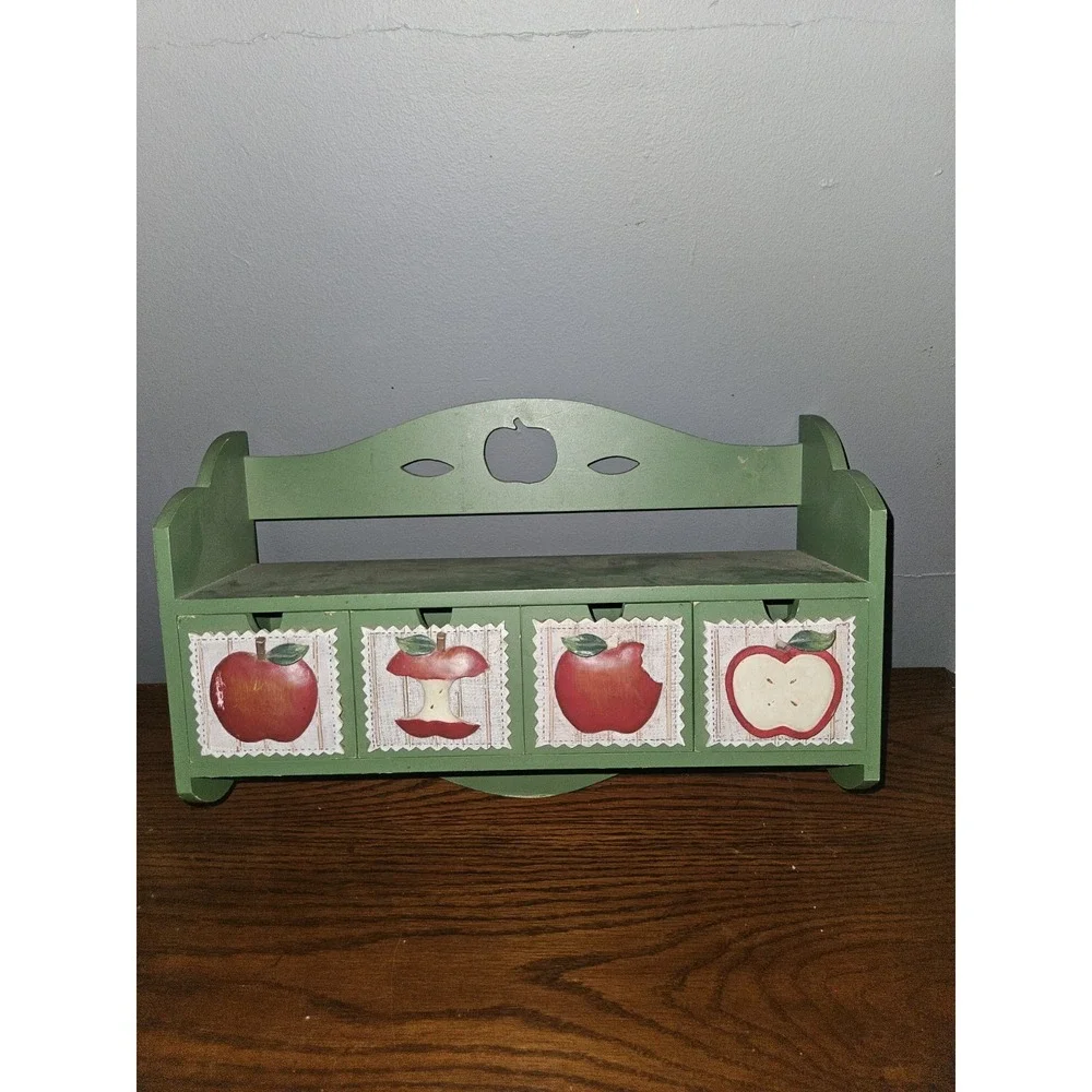 Vintage Wood Wall Shelf Apple Decor Country Kitchen Organizer Drawer